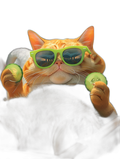 A cute orange cat wearing green sunglasses is lying on the black background, holding two cucumber in its paws and happily eating them. The cat's face has clear details, with bright eyes shining like diamonds. It looks very happy and playful., Photorealistic, Sunlighting, High resolution.