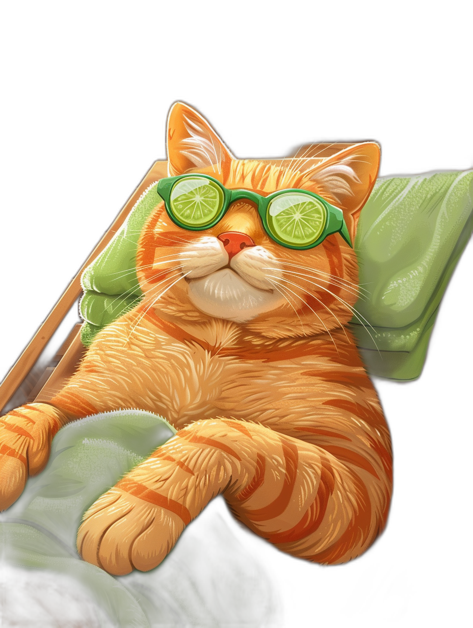 Illustration of an orange cat wearing green sunglasses lying on a sunbed against a black background, high resolution digital art in the style of a cartoon.