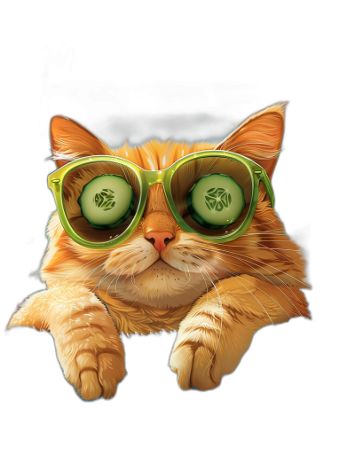 A realistic illustration of an orange cat wearing green sunglasses with cucumber in its eyes, isolated on black background, funny, cute and beautiful