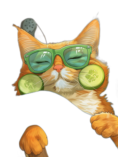 digital art of a cute and fat orange cat wearing green sunglasses, with a cucumber on its face, against a black background, with chill vibes, in the style of lofi.