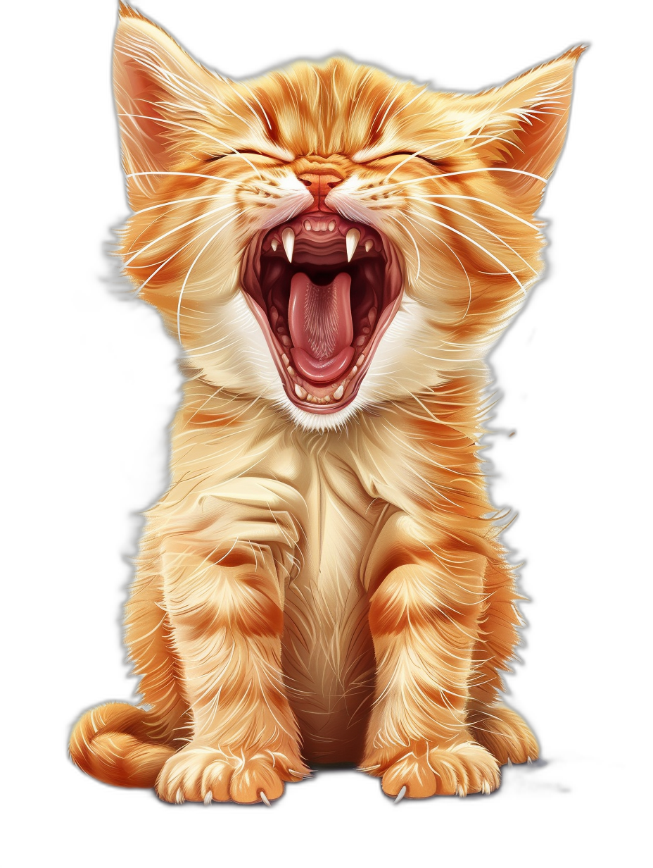 digital art of cute kitten , the cat is roaring with its mouth open, black background, full body