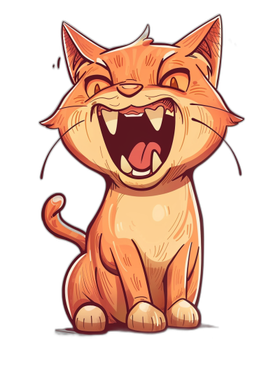 A cartoon cat laughing, in a vector art style, for a t-shirt design graphic, with ultra detail, isolated on a black background