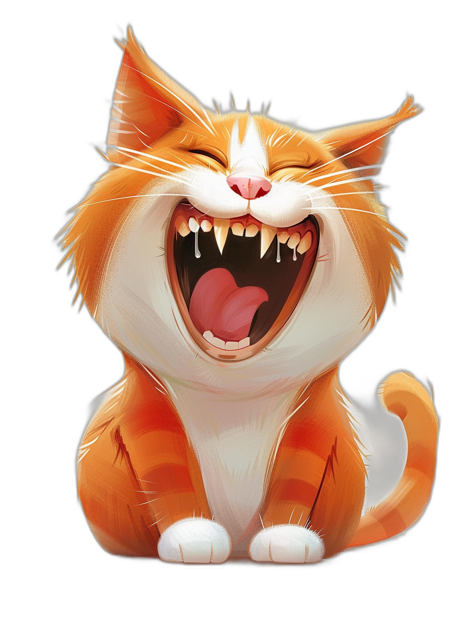 A cute cartoon illustration of an orange and white cat laughing, isolated on black background, digital art by [Artgerm](https://goo.gl/search?artist%20Artgerm), comic style, vibrant colors