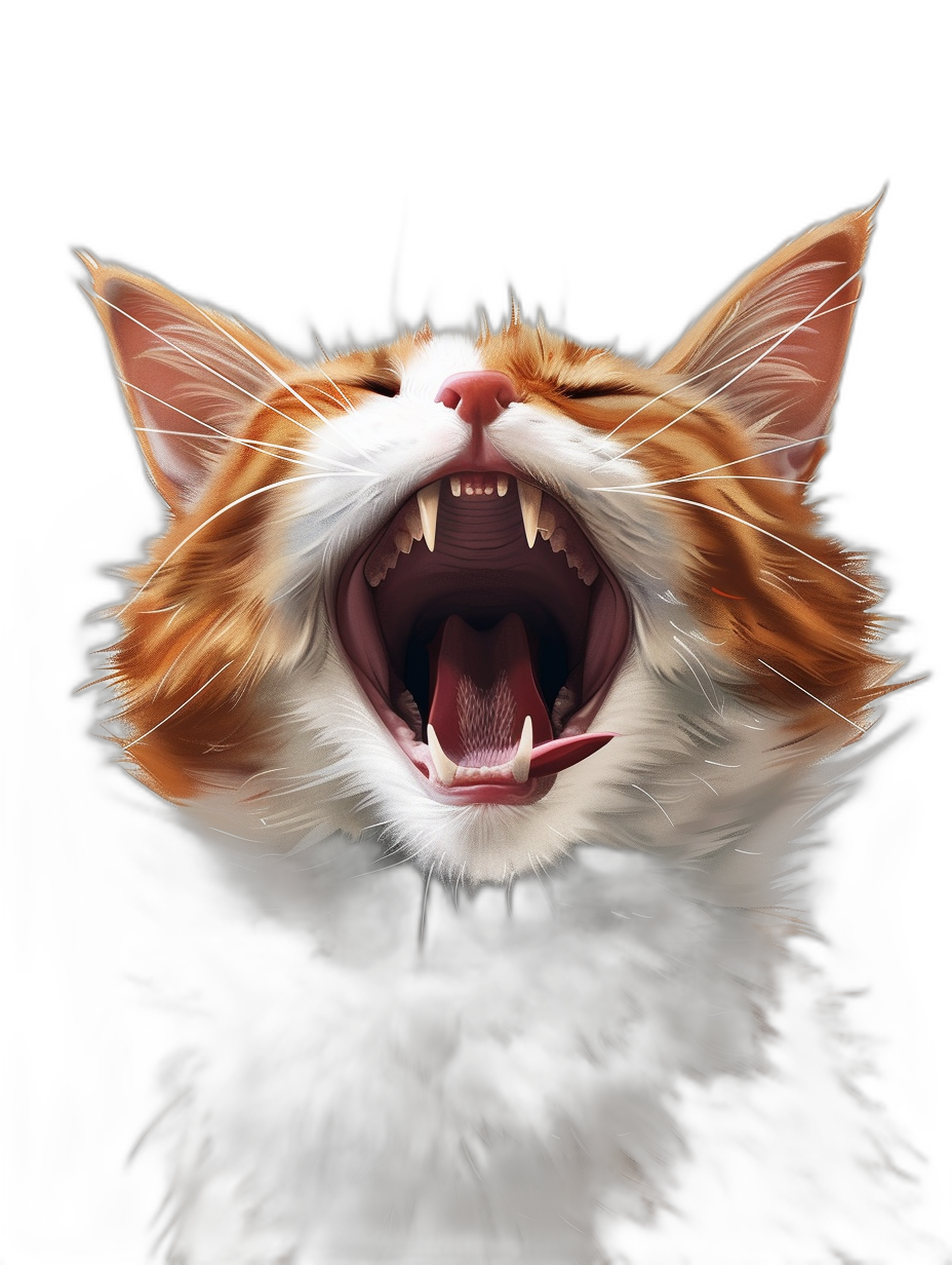 realistic digital illustration of an orange and white cat with sharp teeth, mouth open wide showing the big fangs, pure black background, portrait shot