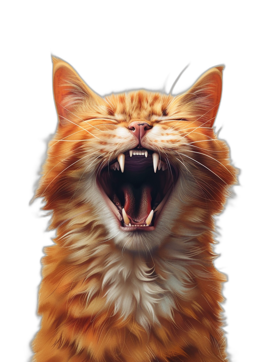 realistic digital illustration of an orange cat, snarling with sharp teeth, pure black background,