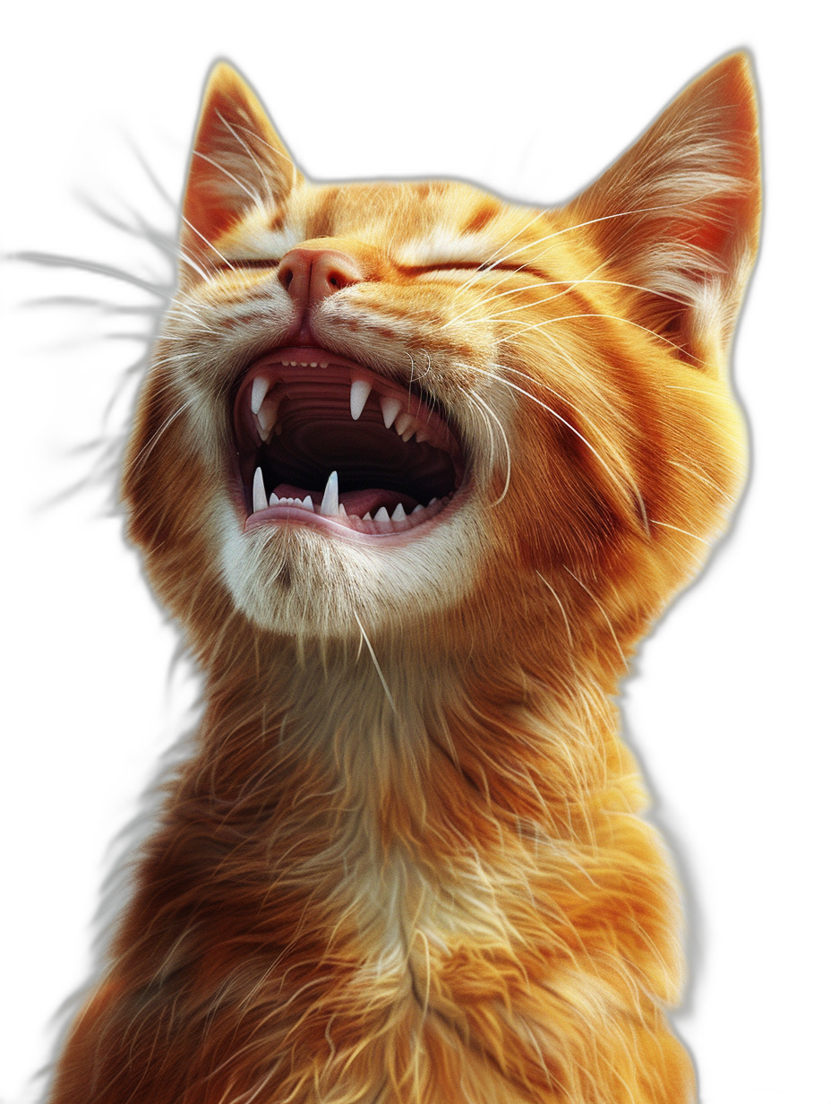 ginger cat laughing with teeth showing, photorealistic, black background, in the style of hyper realistic