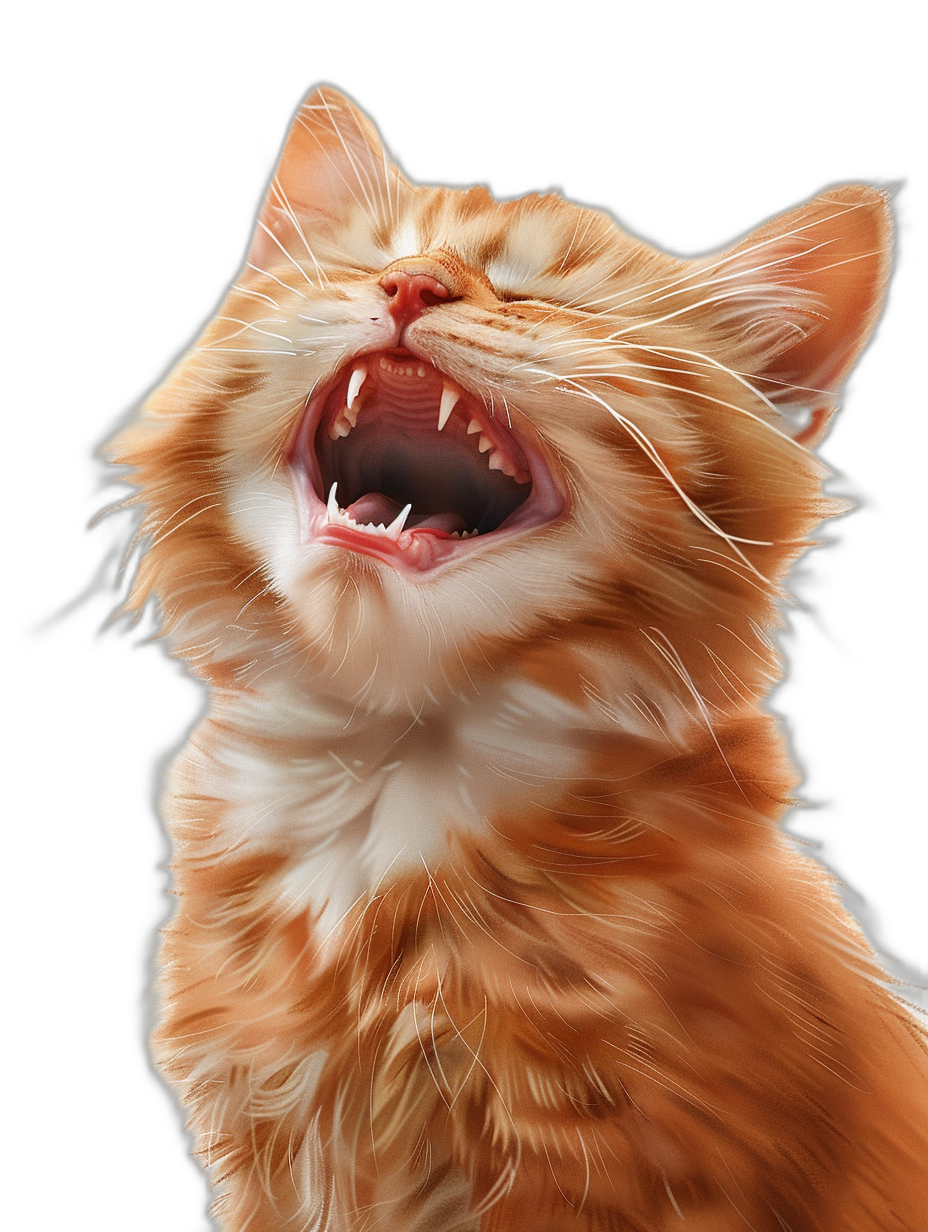 ginger cat howling with teeth showing, photorealistic, in the style of hyperrealism, octane render, black background, full body shot
