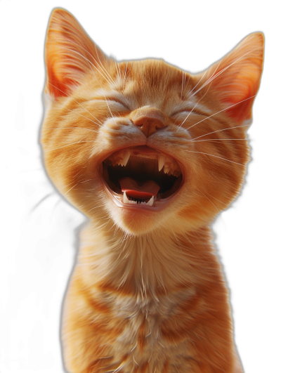 A cute orange cat laughing with a cute expression and happy face against a pure black background, in the style of ultra realistic and super detailed high definition photography.