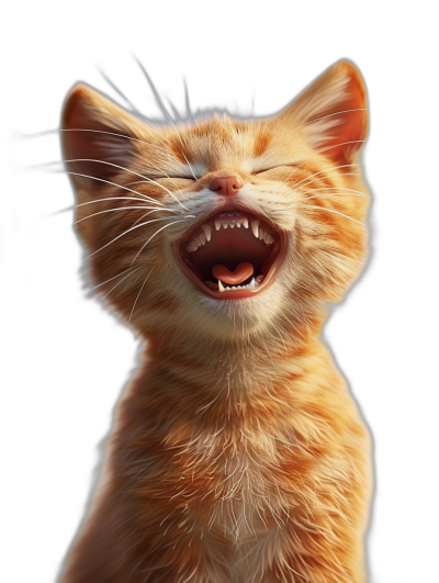 realistic happy smiling orange cat, open mouth with teeth showing, black background, hyper realistic, digital art