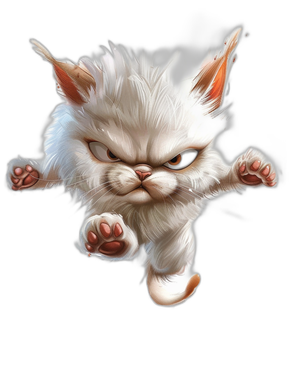 A white cat is jumping in the air in the style of a cartoon against a black background with a chibi anime character design and an angry expression on its face. It has fluffy fur and is in a cute pose. This cute illustration is in the style of game art and is a digital painting and 2D render with high resolution, high detail, and high quality and high definition. The art is hyper realistic and hyper detailed.