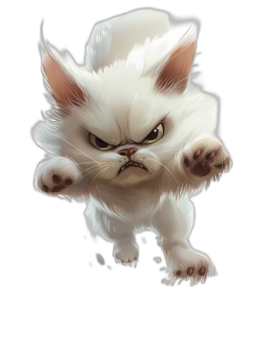 grumpy white cat, jumping pose, angry face, cute cartoon character design, black background, fantasy art style, digital painting, high resolution