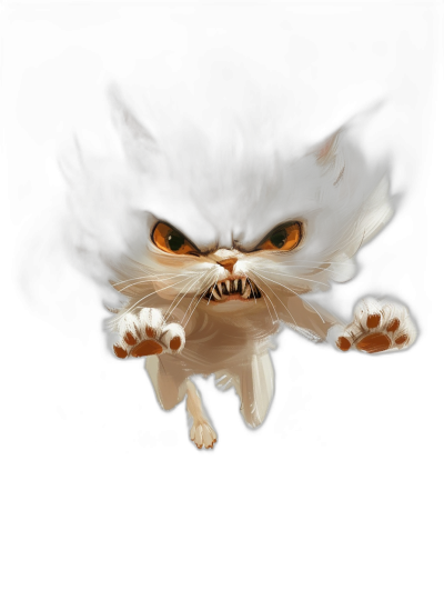 A flying angry cat, simple digital art with visible brush strokes, cute, black background, high contrast, white and gray fur, simple design, simple details, fluffy tail, orange eyes, small teeth, paws in front of body, the cat is baring its sharp fangs at the camera in the style of an angry expression.