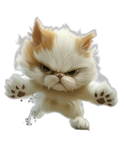 A cute cartoon of an angry white and golden longhair cat jumping in the air against a black background, with a high definition and detailed rendering in the style of digital art techniques, capturing dynamic poses with soft lighting at an ultra-high resolution and high level of details for best quality.