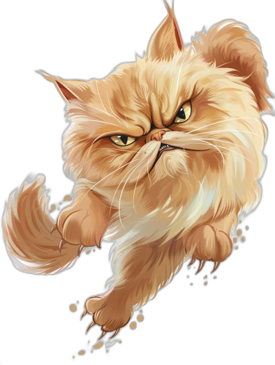 A persian cat running with an angry expression in the style of anime, vector illustration on a black background showing a front view, cute and dreamy in a cartoon realism full body portrait style, furry art with surrealism influences and a cartoonish character design, high resolution high detail high quality image.