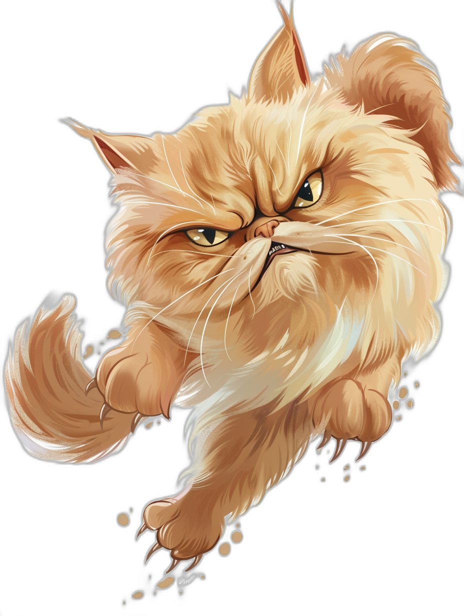 A persian cat running with an angry expression in the style of anime, vector illustration on a black background showing a front view, cute and dreamy in a cartoon realism full body portrait style, furry art with surrealism influences and a cartoonish character design, high resolution high detail high quality image.