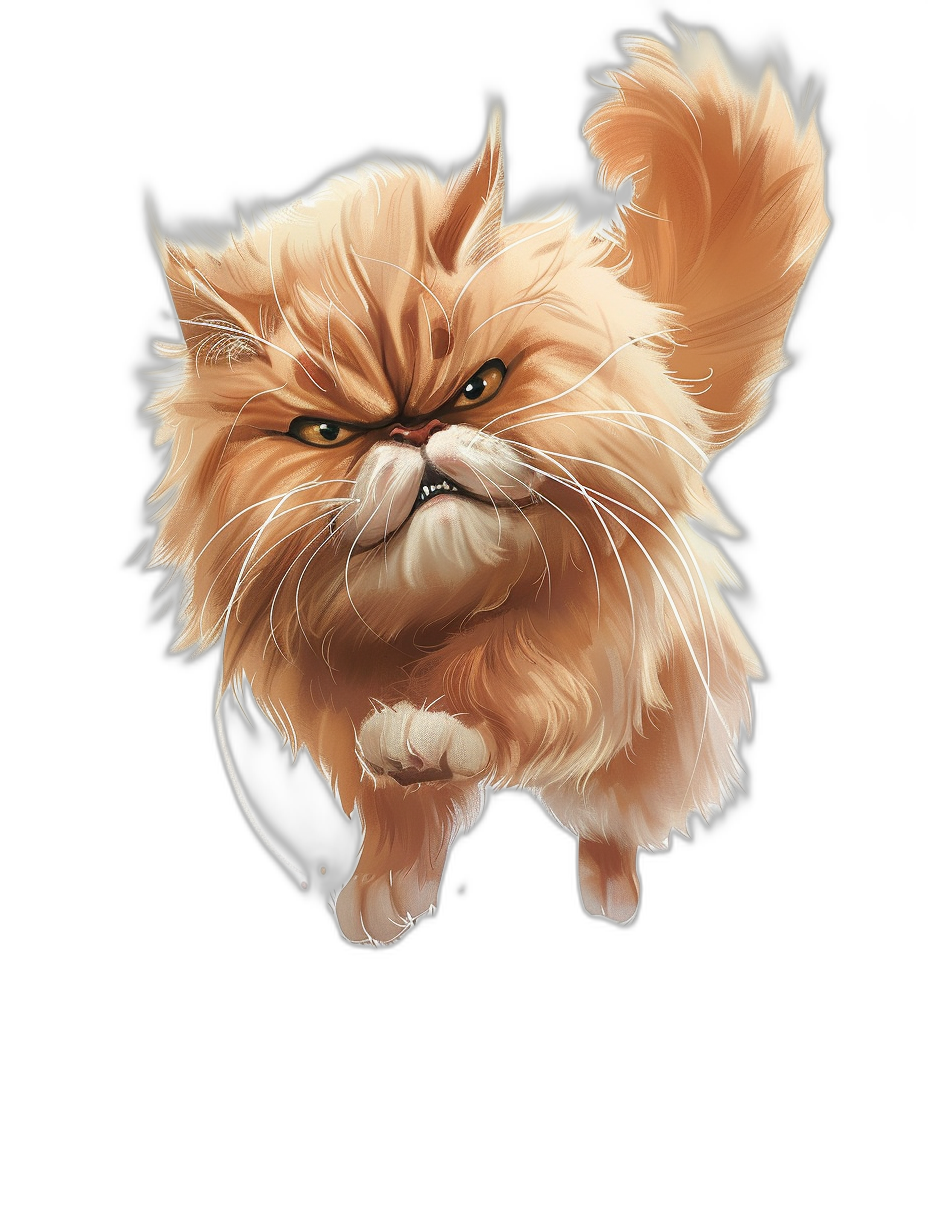 A persian cat flying with an angry expression in the style of a cartoonish character design against a black background in a full body digital art piece inspired by Pixar character designs.