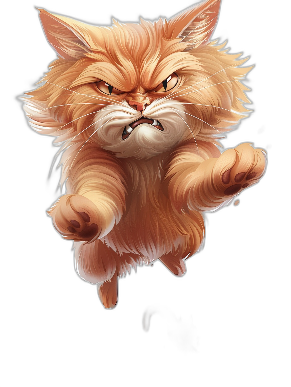 A cute cartoon cat jumping in the air, with fluffy fur, a big head and small body, on a black background, with an angry face, white beard, white paws, and red orange colored hair with yellow highlights. Strong lighting, a dynamic pose, high resolution, and high detail, in the style of Pixar.