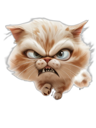 funny cartoon illustration of an angry cat with a black background, in the caricature style.