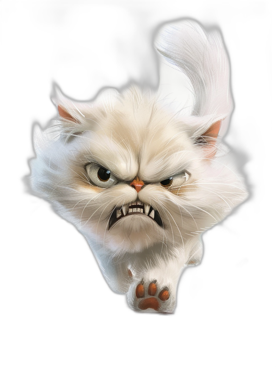 front view of an angry white persian cat, in the style of Disney Pixar, on a black background, as a cartoon character, at high resolution