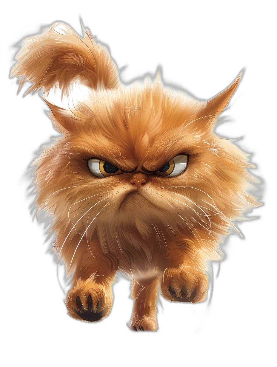 A cartoon illustration of an angry orange cat with long hair, walking towards the viewer on a black background. The digital painting is funny, cute and highly detailed. The art is in the style of concept art with sharp focus and a hyper realistic style.