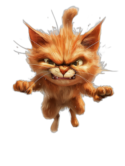 realistic digital illustration of an angry cat jumping, in the style of Disney and Pixar, upper body shot, black background, character design, cute, highly detailed, soft light