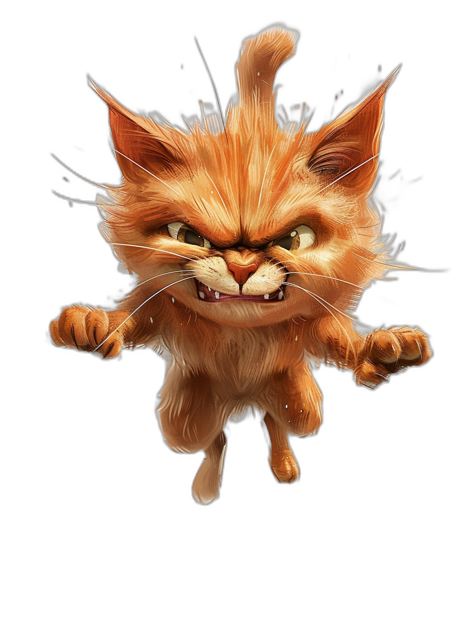 realistic digital illustration of an angry cat jumping, in the style of Disney and Pixar, upper body shot, black background, character design, cute, highly detailed, soft light