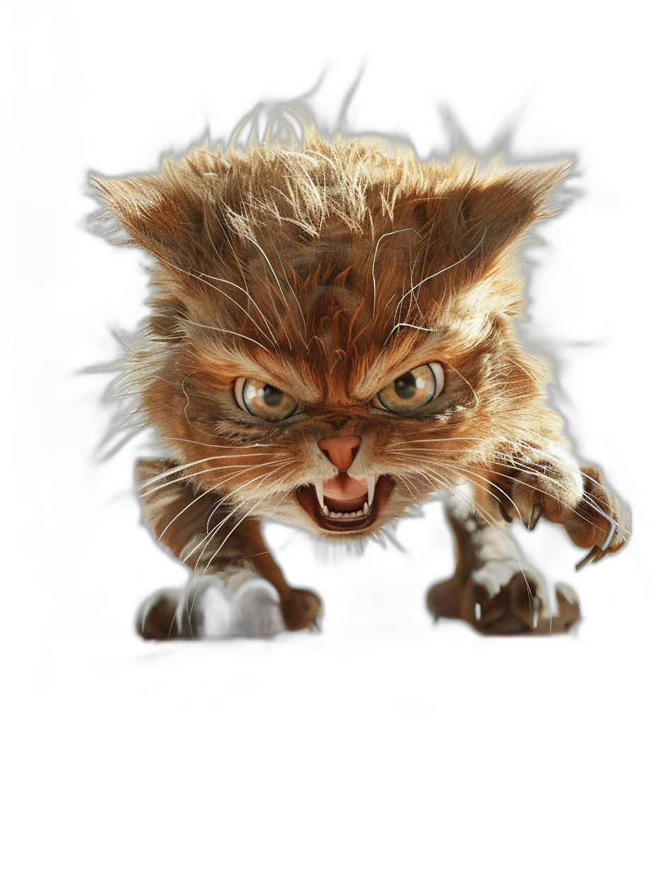 angry cat, caricature, black background, hyper realistic, front view, octane render, full body, high resolution photography, insanely detailed in the style of octane render