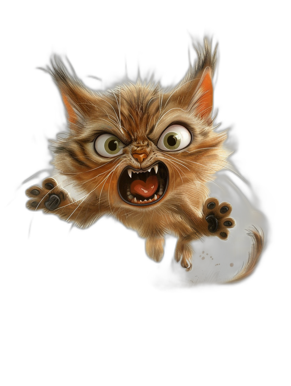 A cute and adorable cartoonish illustration of an angry cat jumping towards the viewer, isolated on a black background, with high contrast shading and detailed artwork.