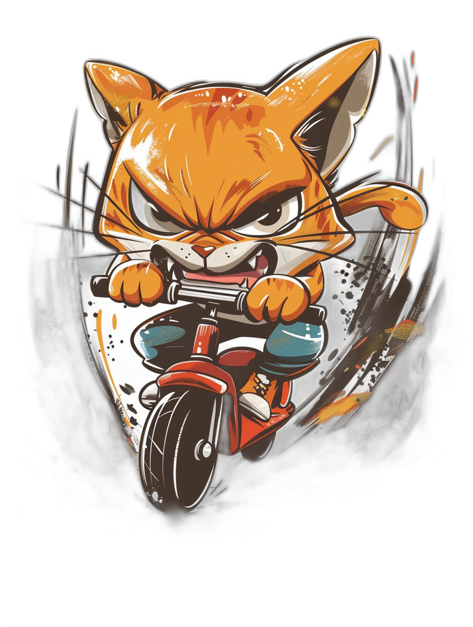 t-shirt design, cute chibi style orange cat riding on scooter with angry face expression in black background ,vector art style