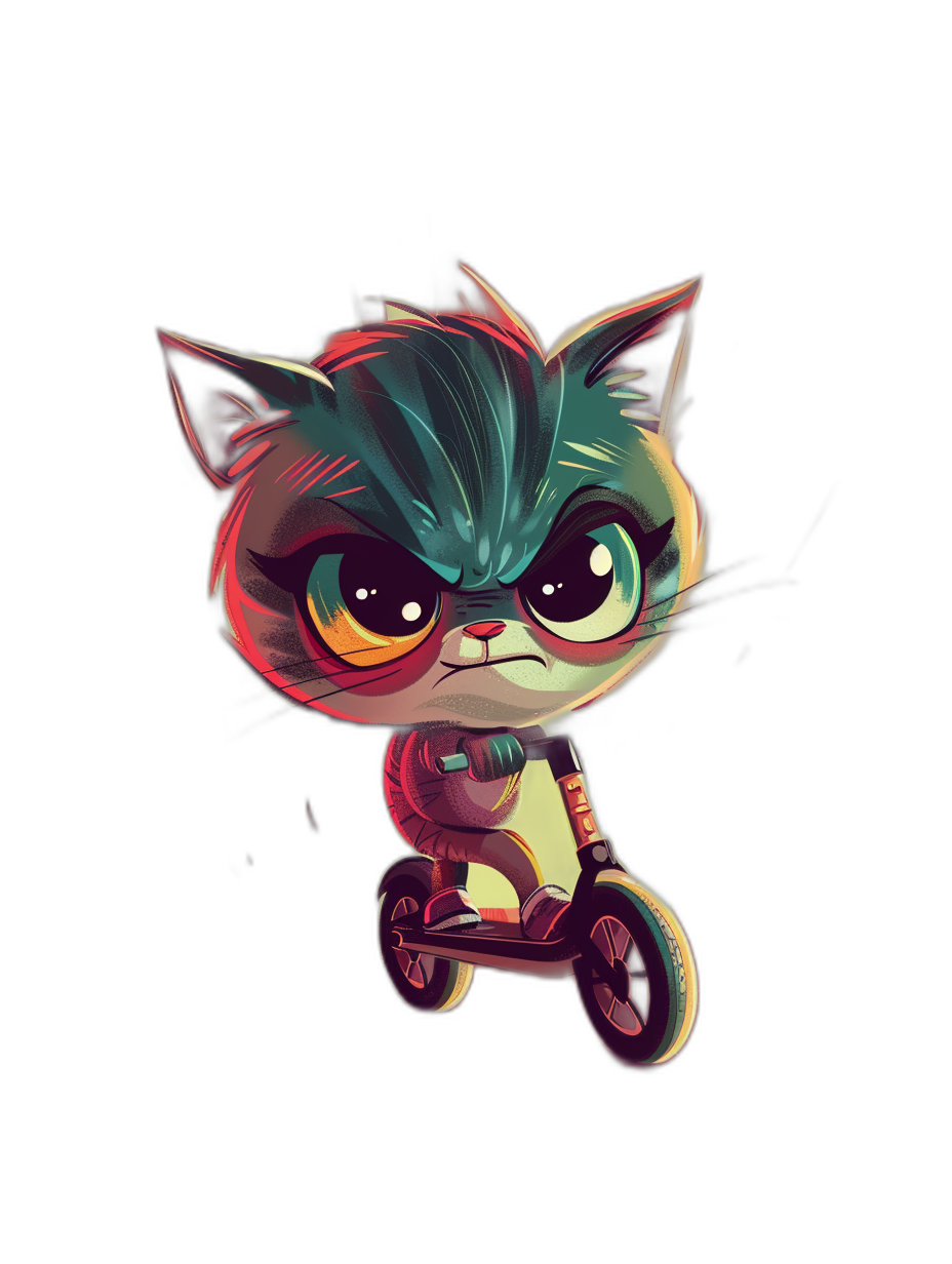 A cute chibi kawaii cat with an angry expression riding on the scooter, vibrant colors, simple shapes and bold lines, dark background, digital art style