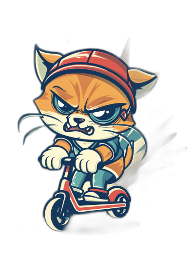 a sticker design of an angry cartoon cat riding scooter, wearing cap and T-shirt with black background, vector illustration style, flat colors, simple lines, cute, wearing sportswear, high resolution, colorful, vibrant colors, streetwear art style, red hat on head, wearing sports shoes, high quality, cool, simple strokes, simple details, dark background, high contrast.