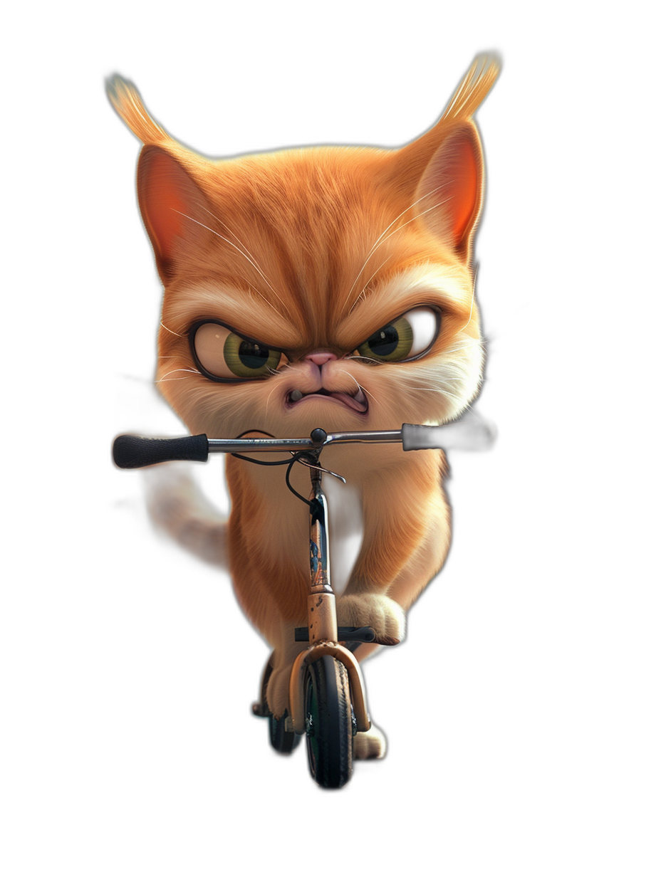 character design of an angry cat riding on a scooter in the style of a cartoon, 3d render in the style of Pixar, black background, in the Pixar artstyle