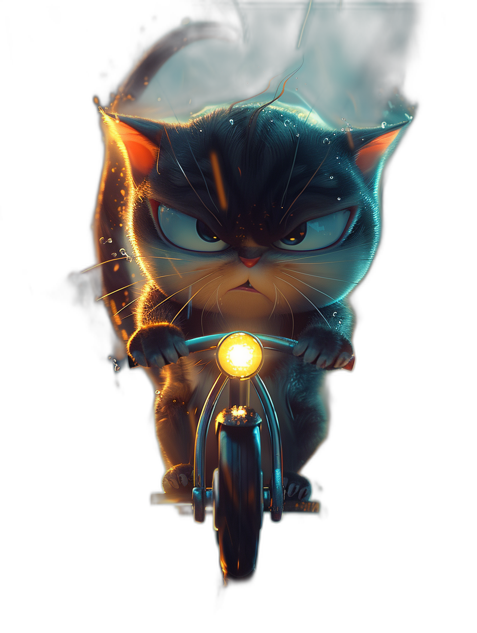 cartoon style, angry cat riding motorcycle on black background, glowing eyes, cartoon character design in the style of [Artgerm](https://goo.gl/search?artist%20Artgerm) and [Atey Ghailan](https://goo.gl/search?artist%20Atey%20Ghailan), cinematic lighting, vibrant colors, fantasy artwork, concept art