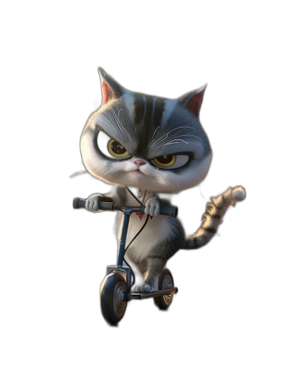 grumpy cat on scooter against a black background, in the style of Pixar as a cartoon character, 3D rendered, cute