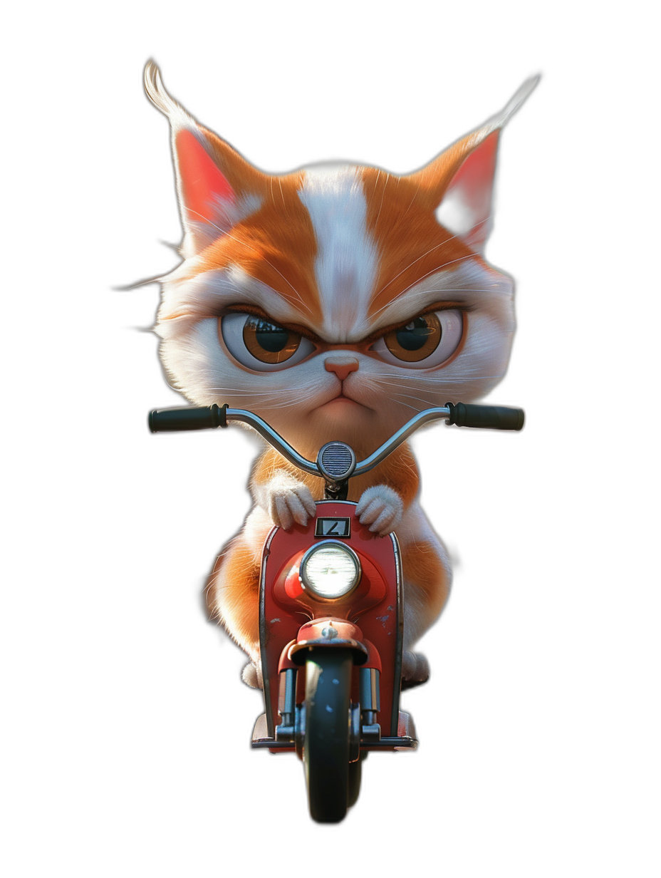 front view of an angry, cute and funny cat on a motorbike in the style of Pixar movie characters, black background, portrait, cartoon style, 3D render, at a 45 degree angle