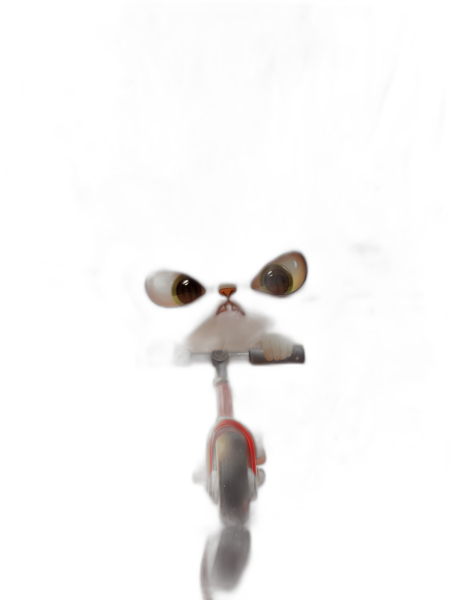 A cute cartoon monster with big eyes sitting on the front of an old tricycle, in near darkness, barely visible from behind the headlight, in the style of Pixar, on a black background, with high definition photography.