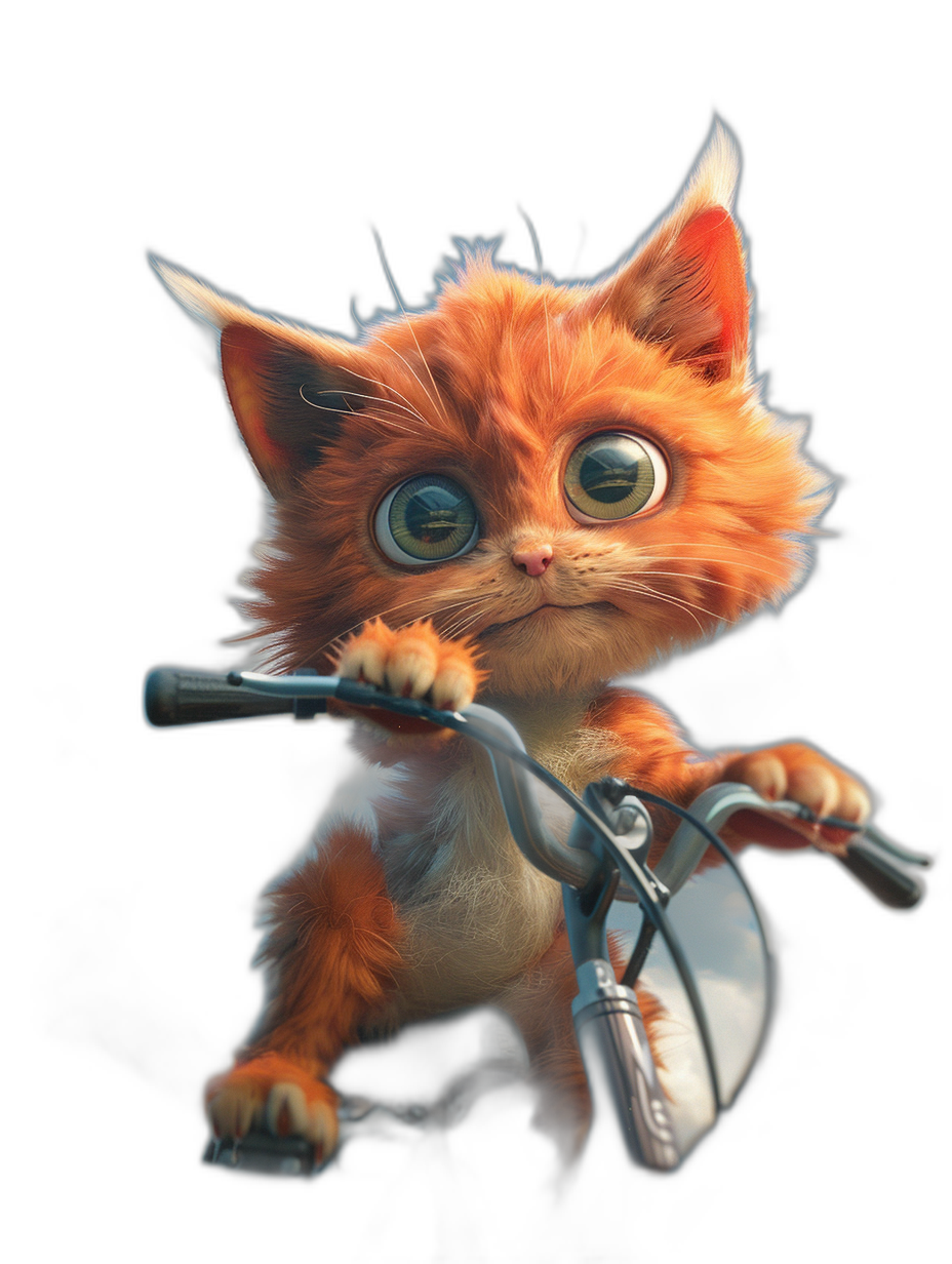 3D render of a cute orange kitten riding a bicycle, with fluffy fur, big eyes with eyelashes, on a black background, digital art in the style of Disney Pixar studio, with an adorable character design, featuring detailed hyperrealism.