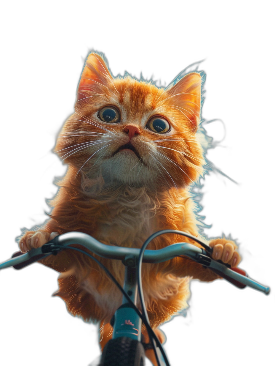 Photorealistic fluffy orange cat riding on the handlebar of a bicycle, with big eyes against a black background and cinematic lighting. The digital art is in the style of [Greg Rutkowski](https://goo.gl/search?artist%20Greg%20Rutkowski) and [Studio Ghibli](https://goo.gl/search?artist%20Studio%20Ghibli), with hyper detailed rendering.