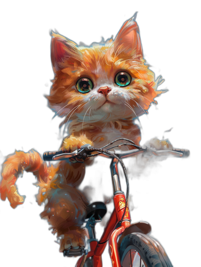 Cute orange cat riding on a red bike against a black background, in the style of rossdraws and [Artgerm](https://goo.gl/search?artist%20Artgerm), full body shot from the front with big eyes in a cartoon style.