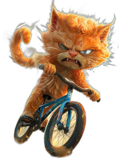 Character design of an angry orange cat riding on a blue bike, in the style of Pixar, on a black background, high resolution, hyper realistic.