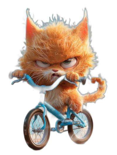 3D render of a cute fluffy orange cat riding a blue bicycle with an angry face against a black background, in the style of Disney Pixar.