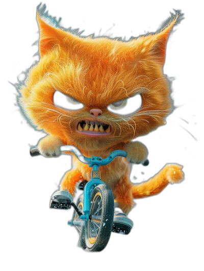 A cute orange cat with an angry expression, riding on the front of a bicycle in the style of Pixar, on a black background, with a cute cartoon character design, rendered in 3D, shown in a full body shot from the front in close-up, with fluffy fur, and using a high saturation color scheme, on a blue children's bike.