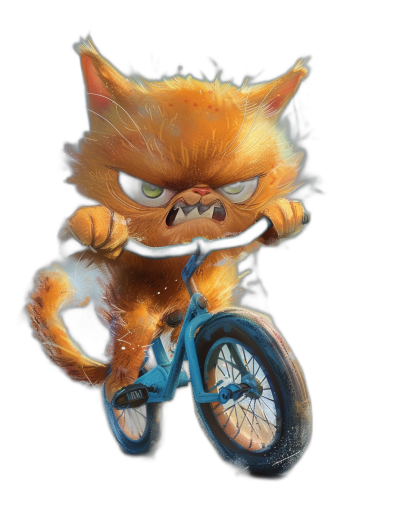 angry cute cat on the bike, t-shirt design, black background, no mockup or shadow under and around drawing area, vector illustration, digital art, cartoon style, in the style of Pixar, hyper-realistic, high resolution, hyperdetailed