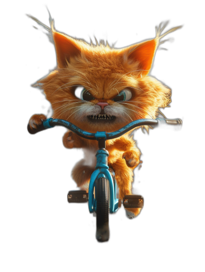 A cute orange cat with long hair and blue eyes riding on the front of a bicycle against a black background, with an angry facial expression, in the style of Pixar.