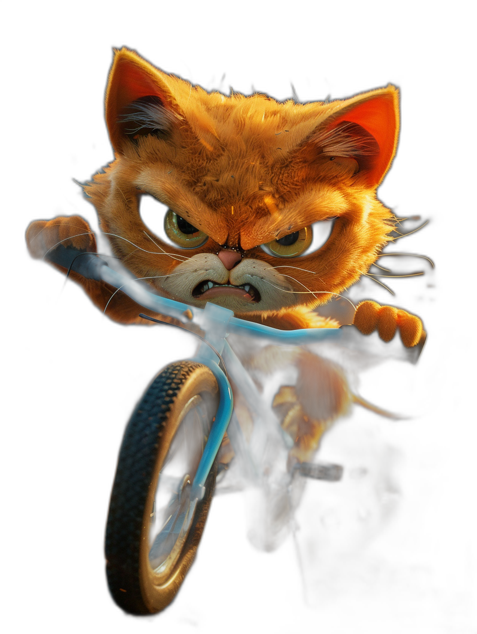 A cute orange cat riding on a blue bicycle, an angry face, in the style of Pixar, black background, high resolution digital art