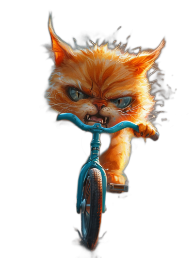 angry orange cat on blue tricycle, digital art style, black background, portrait in the style of