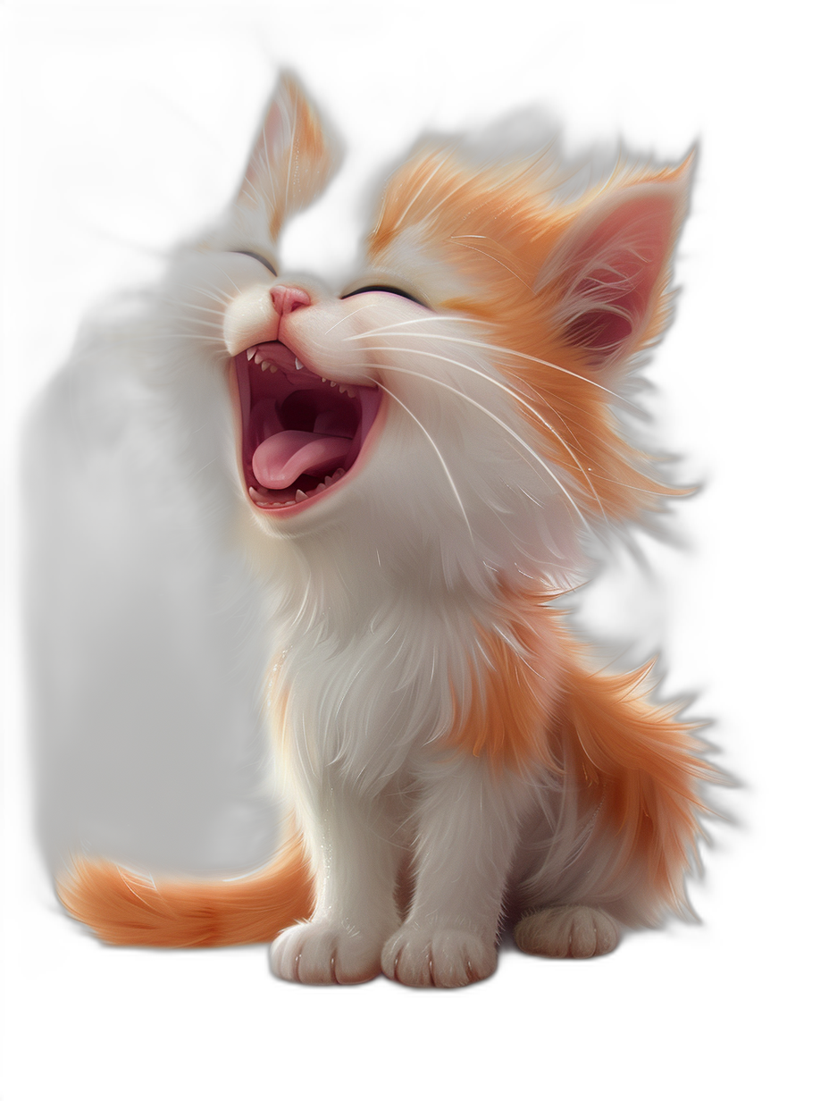 digital art of a cute kitten laughing with its mouth open, a digital painting in the style of illustration art, with white and orange fur on a black background