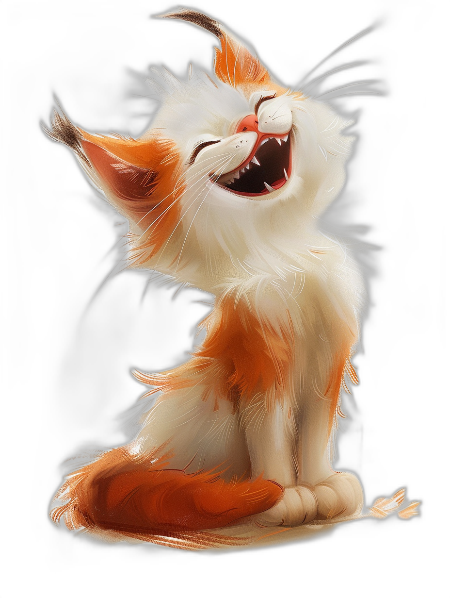 smiling happy cute white and orange cat, in the style of Disney, fantasy, black background, digital art