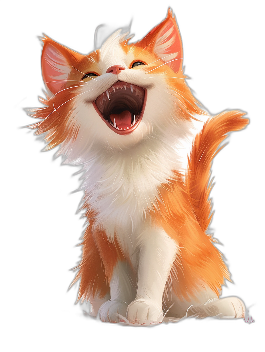 A cute orange and white cat, laughing heartily with its mouth wide open, in the Disney style, on a black background, in a full body shot, with a game art design, as a concept character design, in the style of [Artgerm](https://goo.gl/search?artist%20Artgerm), with white fur around the eyes and a white tail.