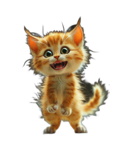 3D render of a happy smiling ginger kitten on a black background, in the style of Pixar.